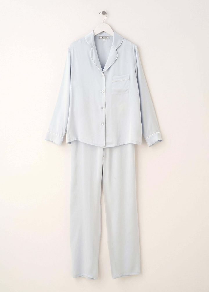 Womens Light Blue Silk Pyjama Set With White Piping On Hanger | Truly Lifestyle
