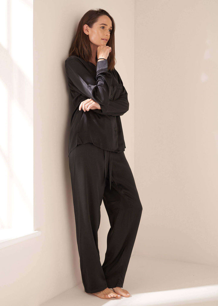 Ladies Black Silk Pyjama Set On Model | Truly Lifestyle