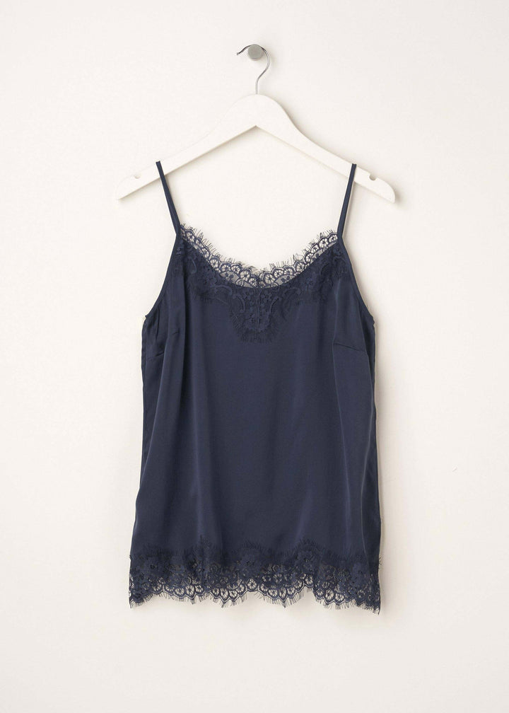 Ladies Dark Blue Silk And Lace Camisole Top On Hanger | Truly Lifestyle