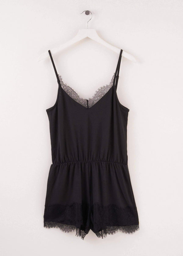 Ladies Black Bamboo And Lace Playsuit Pyjama On Hanger | Truly Lifestyle