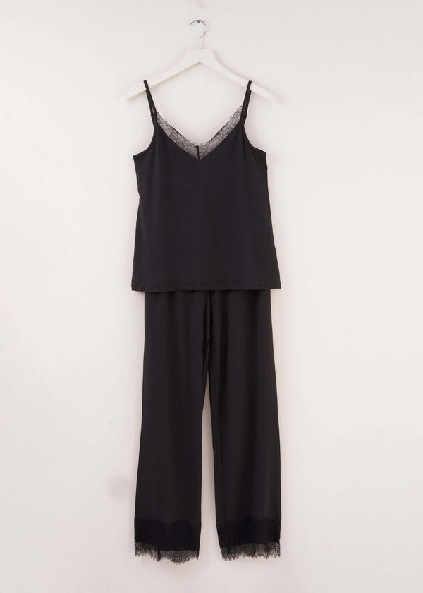 Ladies Black Bamboo and Lace Pyjama Set On Hanger | Truly Lifestyle