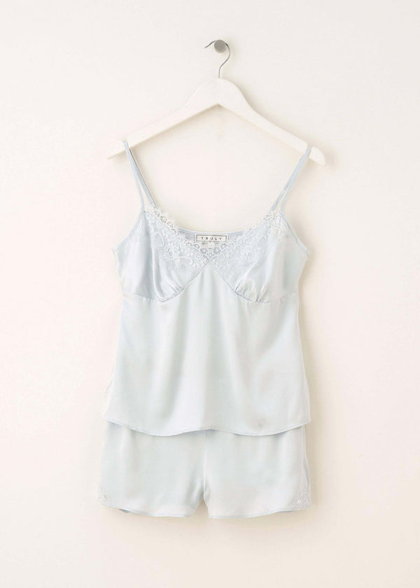 Womens Baby Blue Silk And Lace Camisole And Short Pyjama Set On Hanger | Truly Lifestyle