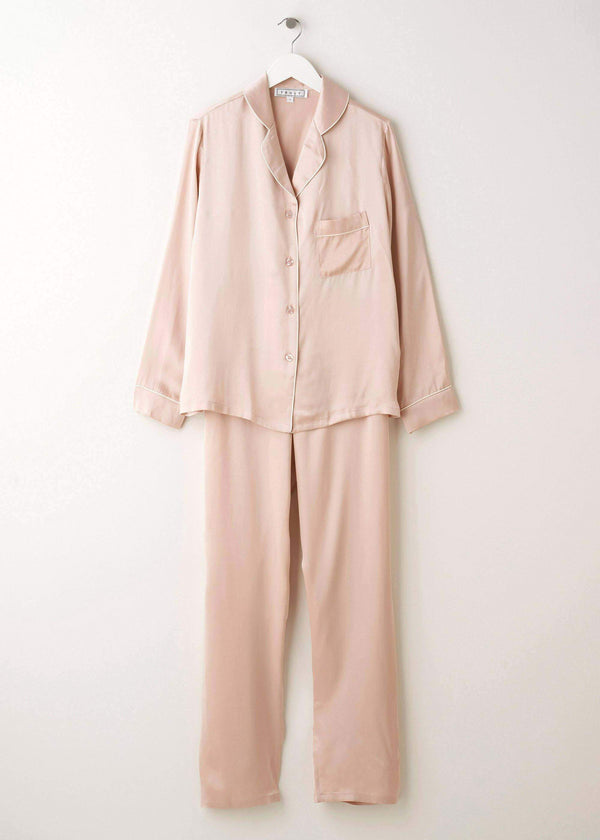 Womens Blush Pink Silk Pyjamas With White Piping On Hanger | Truly Lifestyle