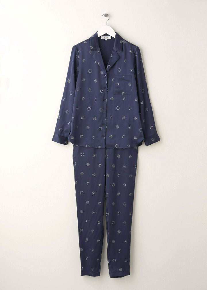 Ladies Dark Blue Constellation Print Silk Pyjama Set On Hanger | Truly Lifestyle