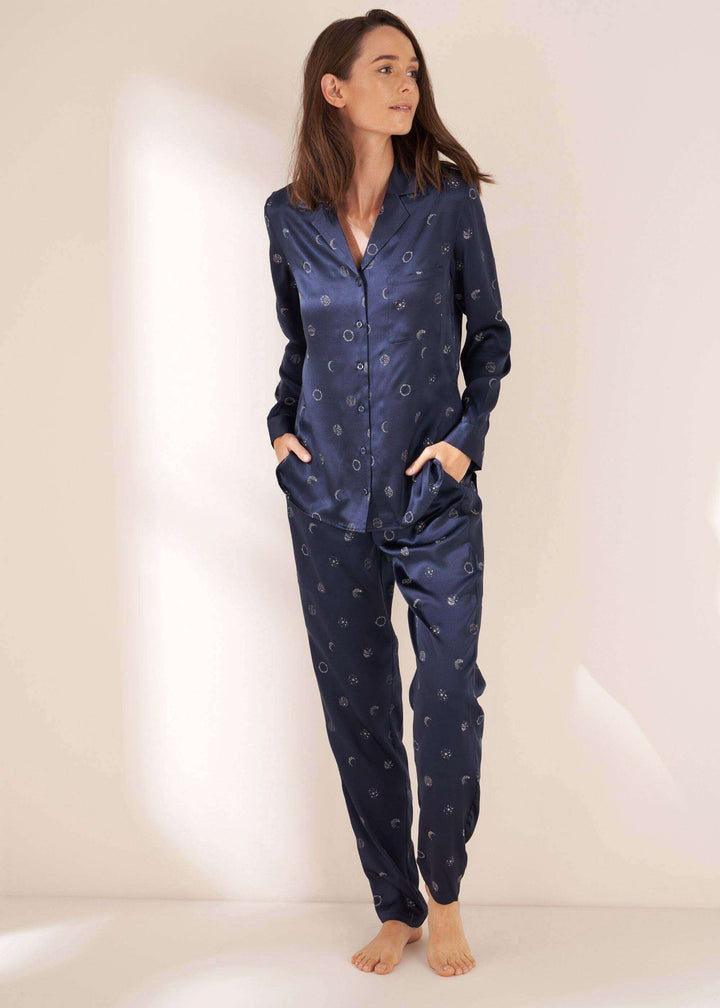 Ladies Dark Blue Constellation Print Silk Pyjama Set On Model | Truly Lifestyle