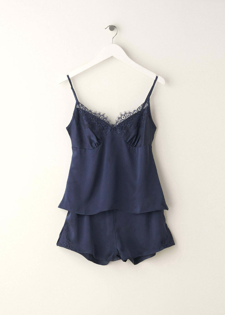 Womens Midnight Blue Silk And Lace Camisole And Short Pyjama Set On Hanger | Truly Lifestyle