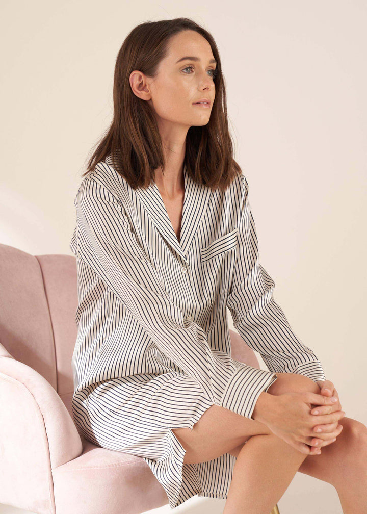Womens Ivory And Navy Stripe Silk Nightshirt On Model Side On | Truly Lifestyle