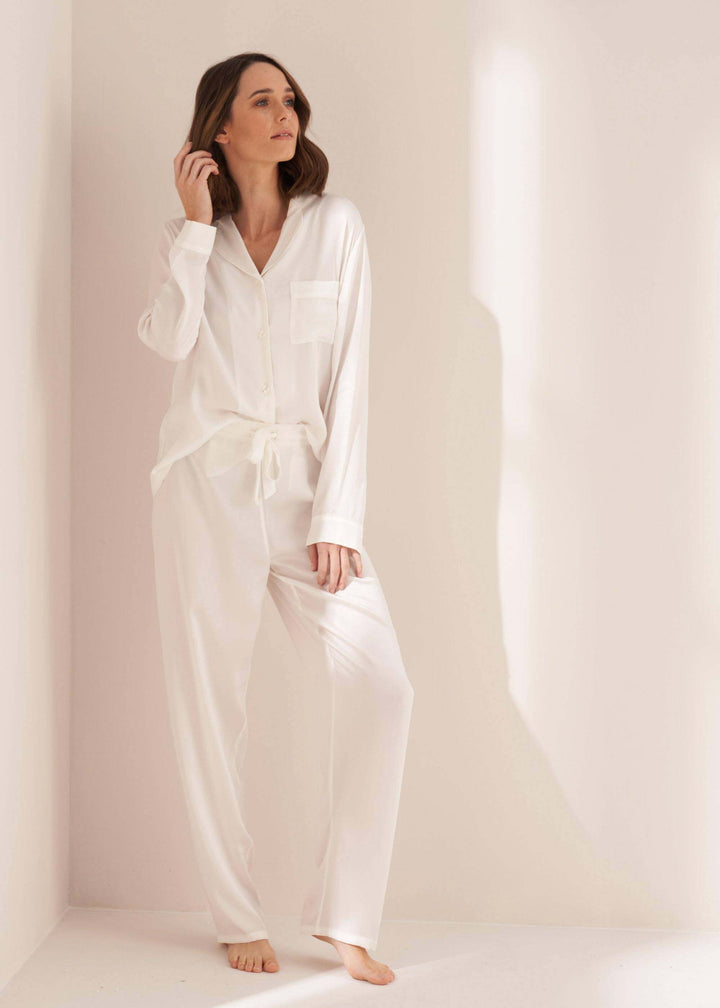 Ladies White Silk Pyjama Set On Model | Truly Lifestyle
