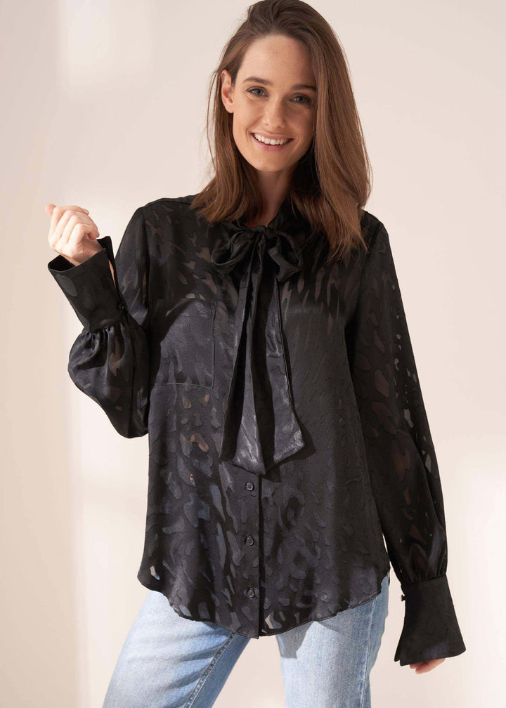 Womens Black Burnout Blouse On Model With Jeans| Truly Lifestyle