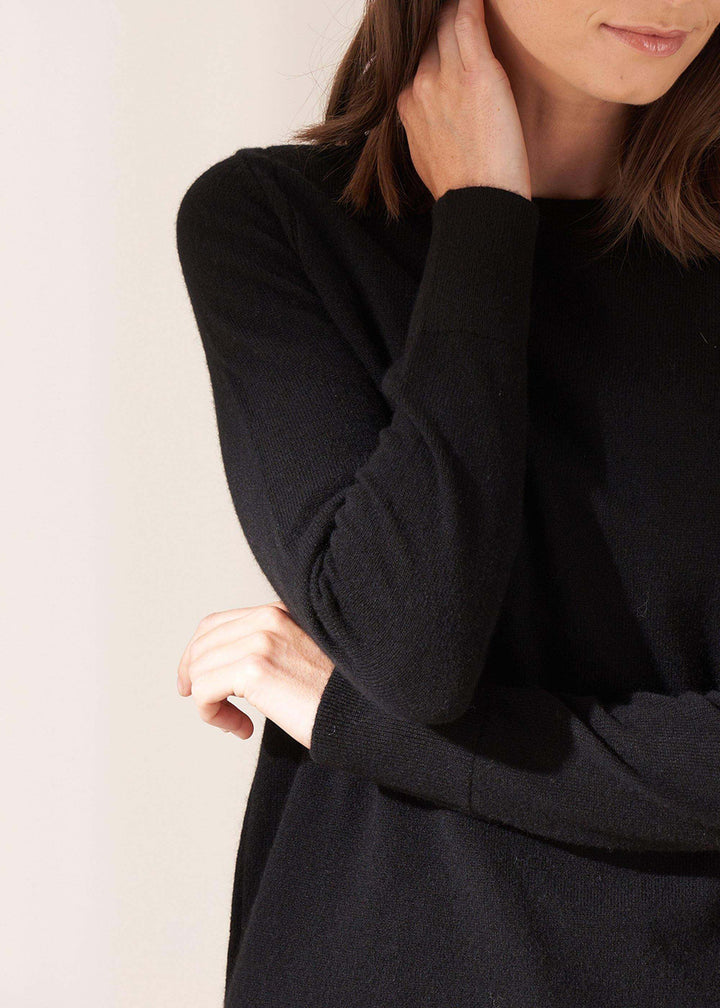 Womens Black Crew Neck Cashmere Jumper On Model Close Up | Truly Lifestyle