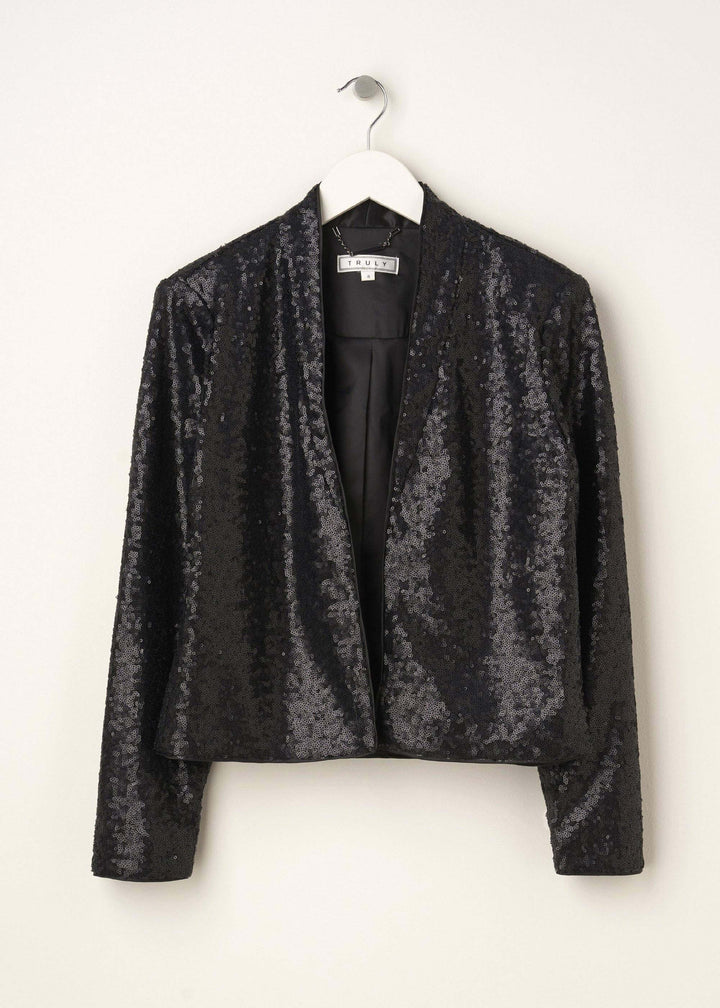 Womens Black Cropped Sequin JAcket On Hanger | Truly Lifestyle