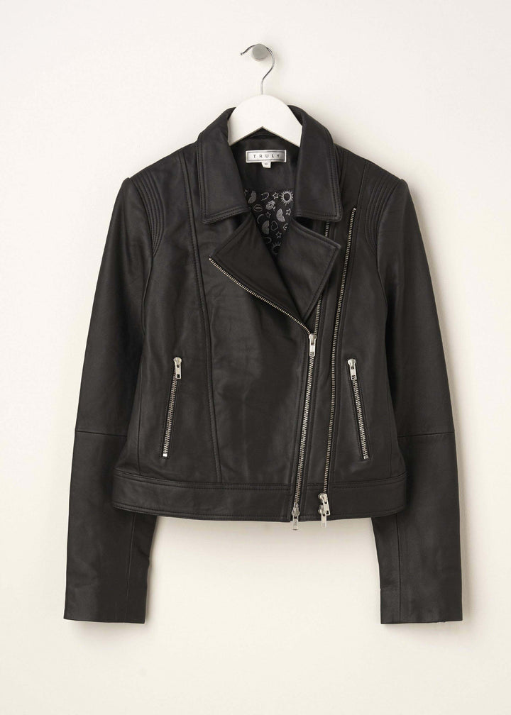 Womens Black Leather Biker Jacket On Hanger | Truly Lifestyle