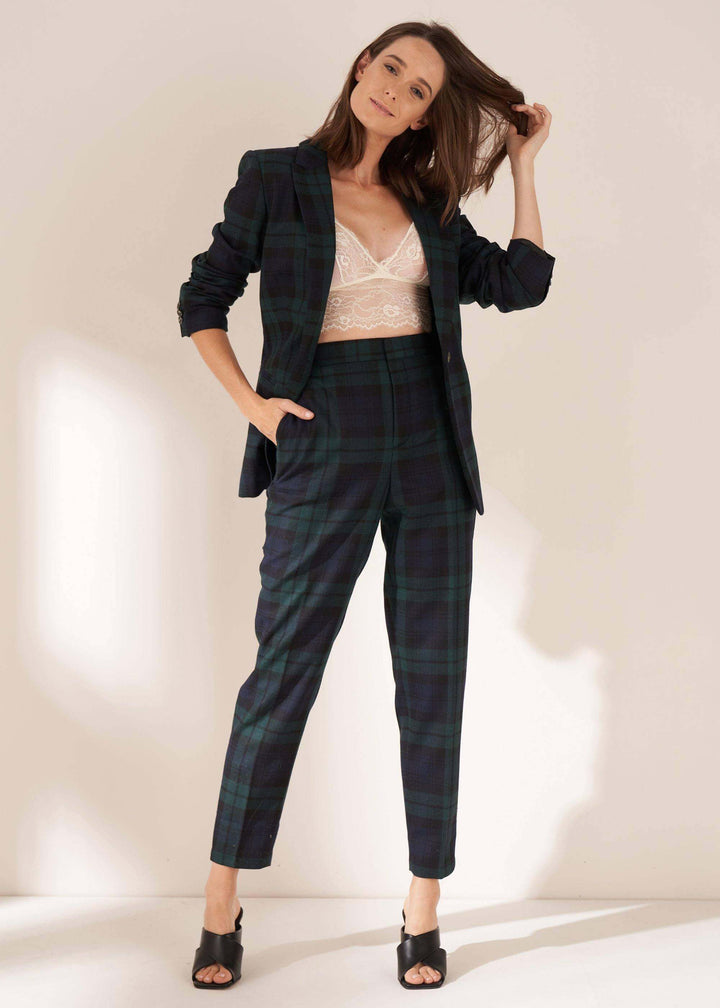 Womens Green Blackwatch Blazer On Model With Tartan Trousers And Lace Bralette | Truly Lifestyle