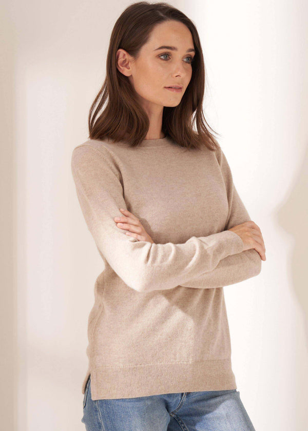 Womens Oatmeal Cashmere Crew Neck Jumper On Model In Jeans | Truly Lifestyle