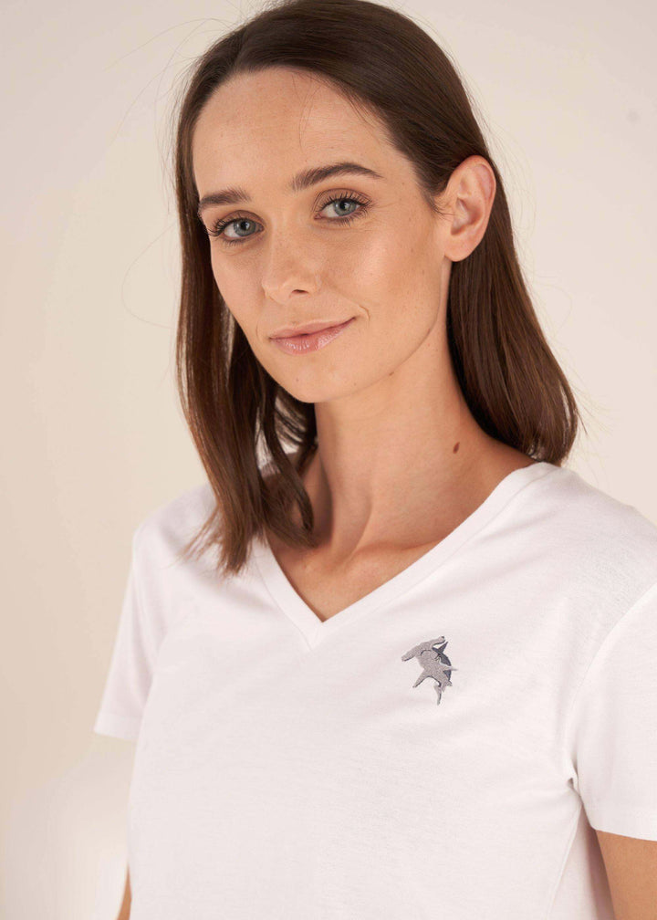 Womens White V Neck TShirt With Shark Logo On Model | Truly Lifestyle