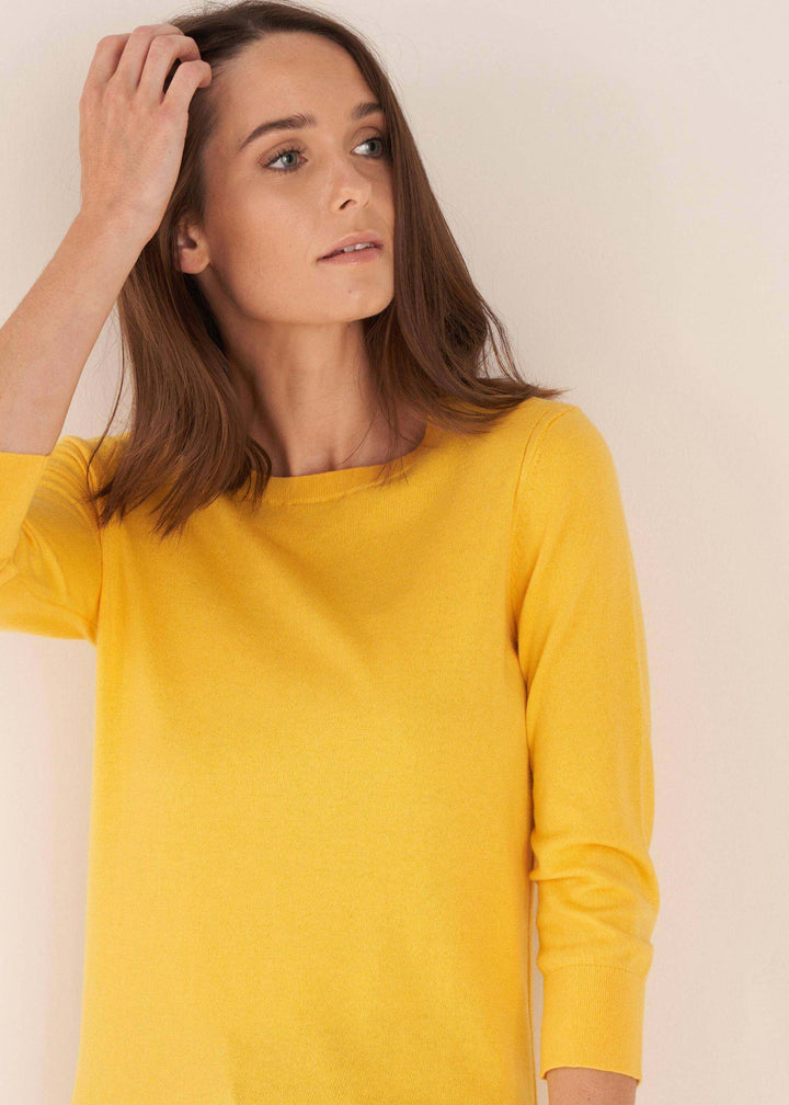 Womens Yellow Fine Knit Crew Neck Jumper On Model | Truly Lifestyle