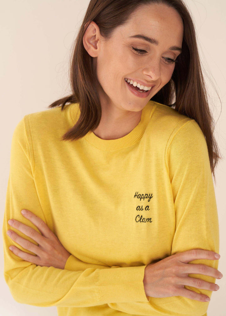 Womens Yellow Slogan Fine Knit Crew Neck Jumper On Model | Truly Lifestyle