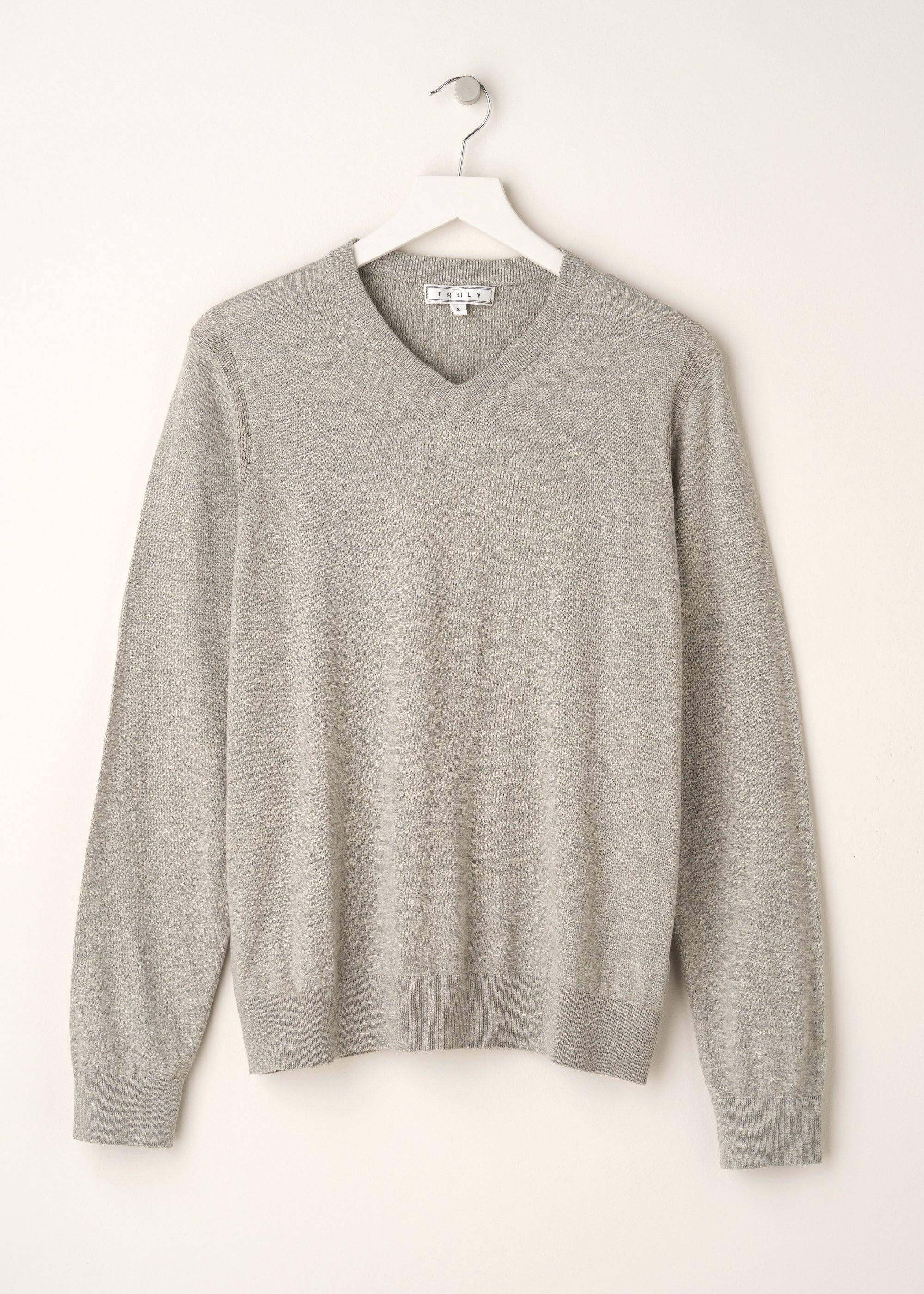 Grey Fine Knit V Neck Jumper