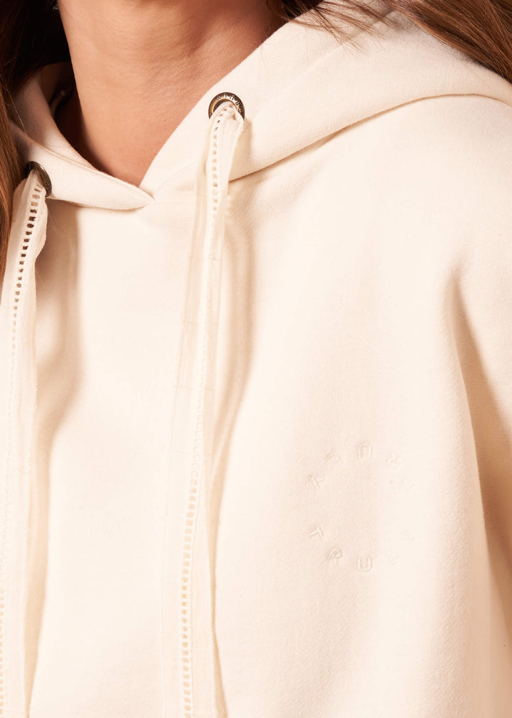 Womens Henley Cream Hoodie On Model Close Up | Truly Lifestyle