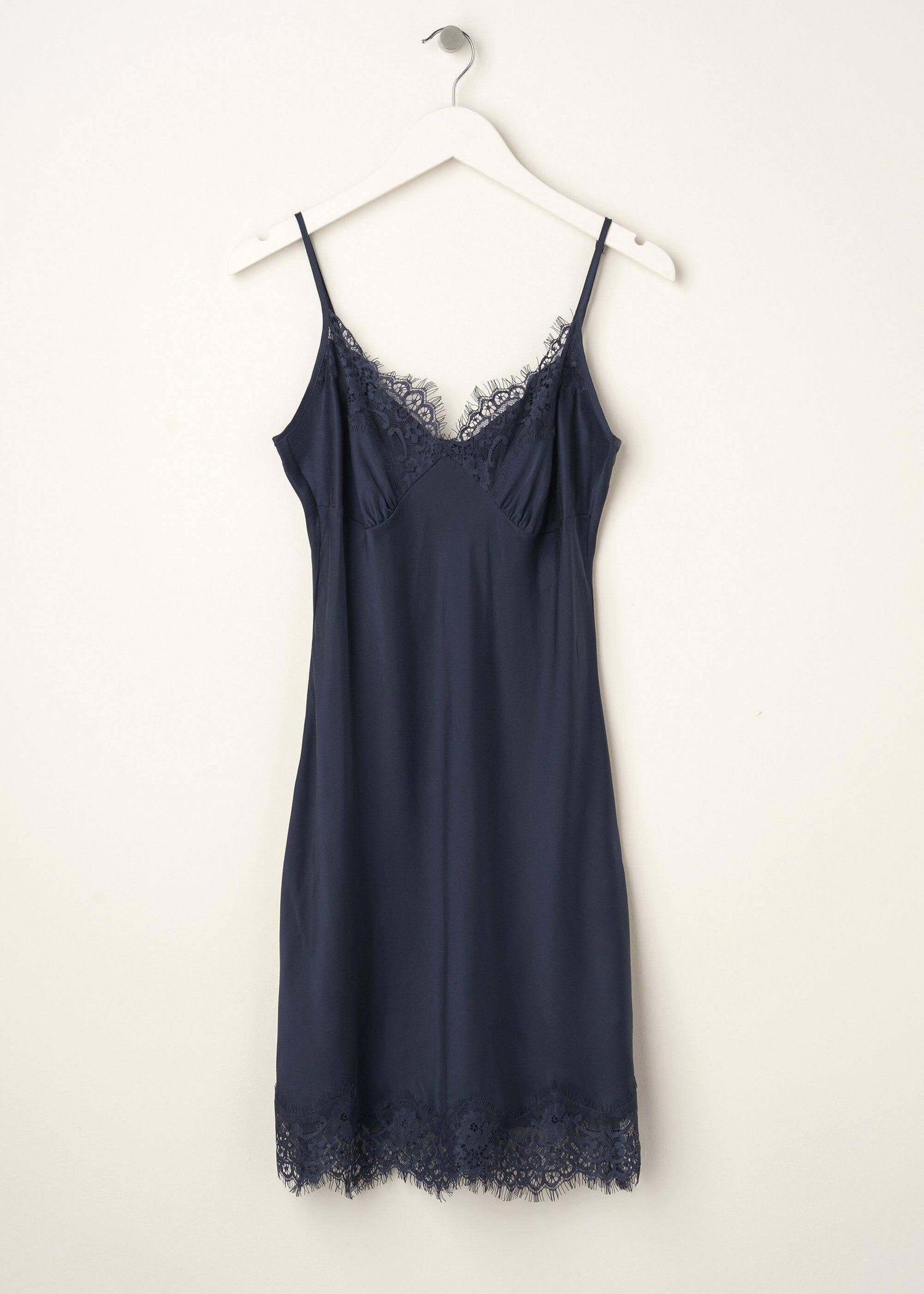 WOMENS NAVY BLUE SILK AND LACE NIGHTDRESS ON HANGER | TRULY LIFESTYLE
