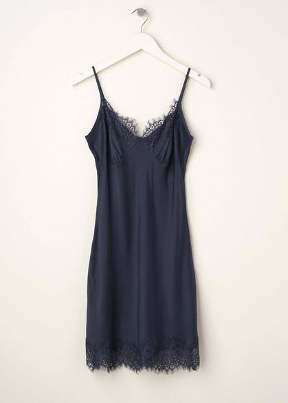 WOMENS NAVY BLUE SILK AND LACE NIGHTDRESS ON HANGER | TRULY LIFESTYLE